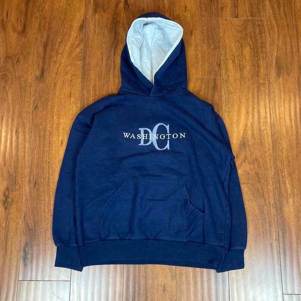 Vintage 1990s Washington DC Embroidered Navy Pull-Over Hoodie Size M